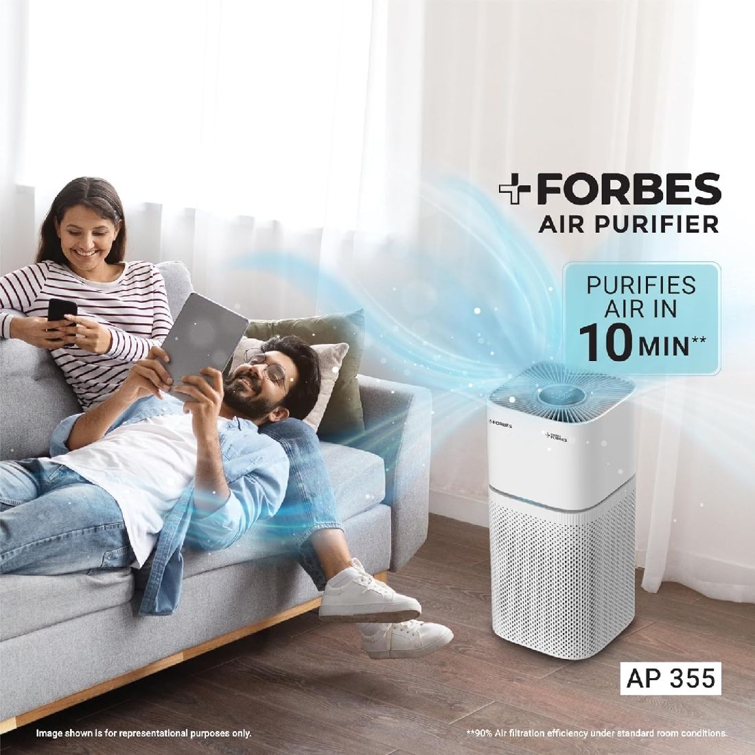 Eureka Forbes 355 Surround 360° Air Purifier | True HEPA H13 Filter | Covers up to 480 Sq. Ft. | Smart Digital Indicators | Auto Mode - Image 2
