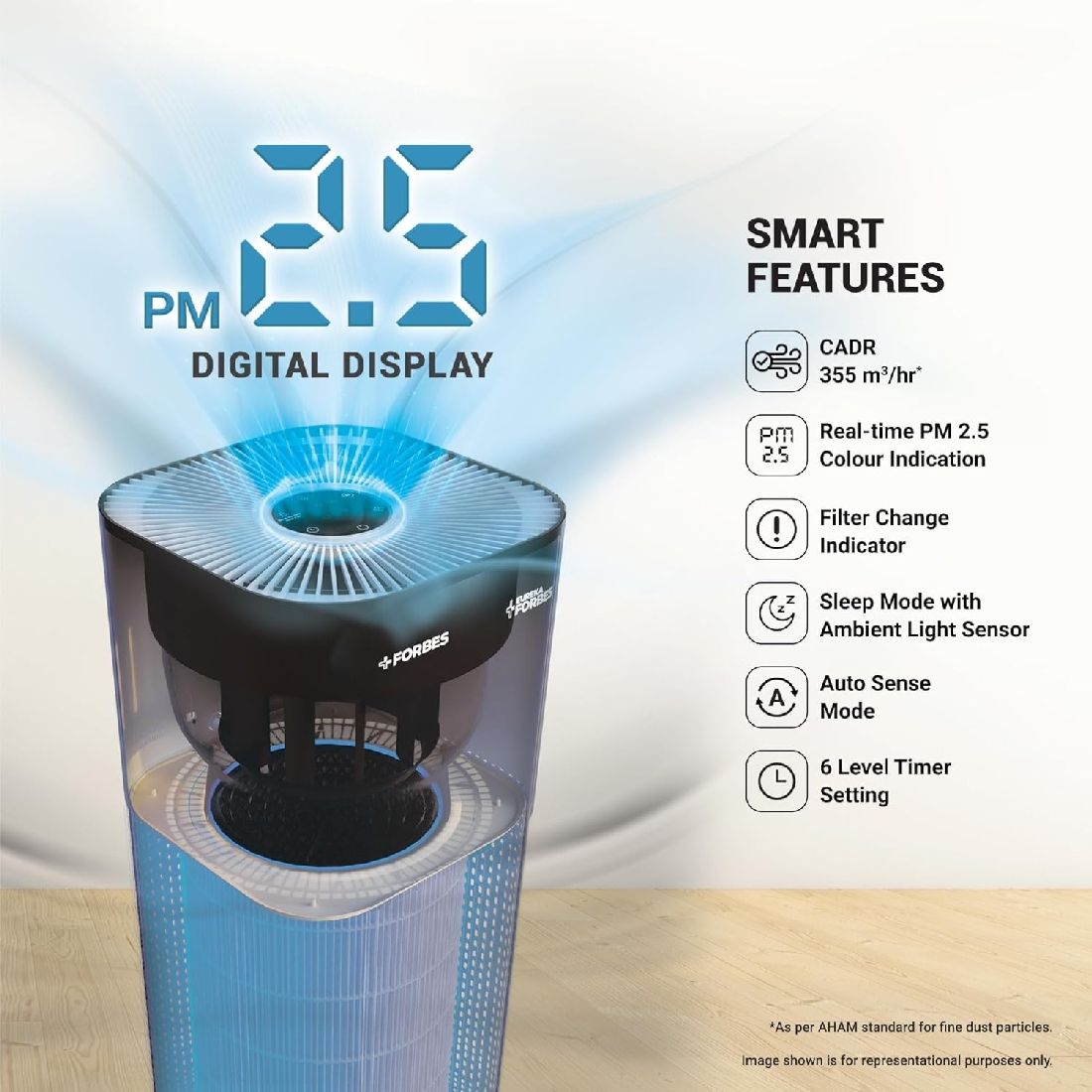 Eureka Forbes 355 Surround 360° Air Purifier | True HEPA H13 Filter | Covers up to 480 Sq. Ft. | Smart Digital Indicators | Auto Mode - Image 6